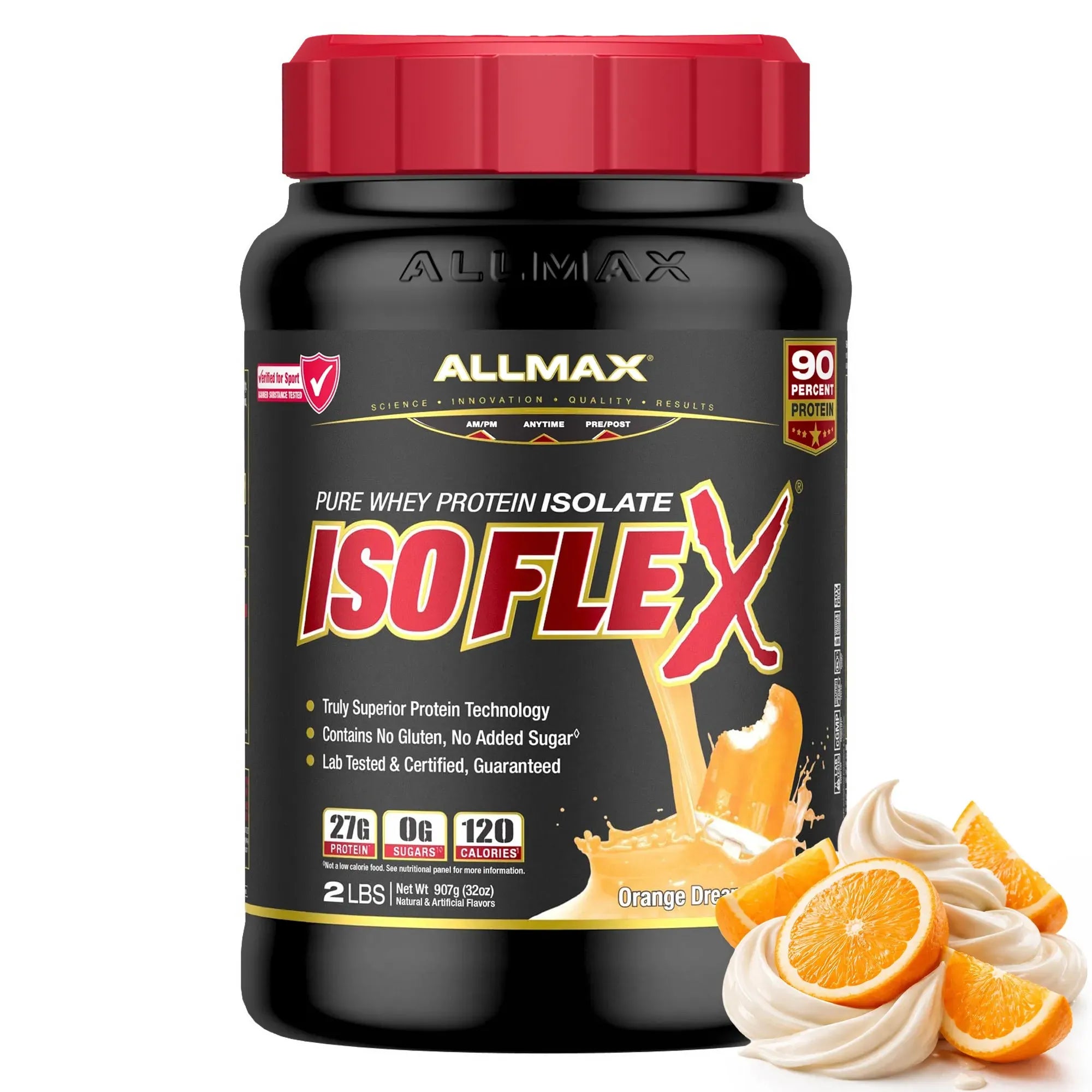 A black tub of Allmax ISOFLEX Pure Whey Protein Isolate in Orange-Dreamsicle flavor, featuring a red lid and orange-flavored whey splash graphic on the label, with orange slices and whipped cream swirls in the foreground on a white background.