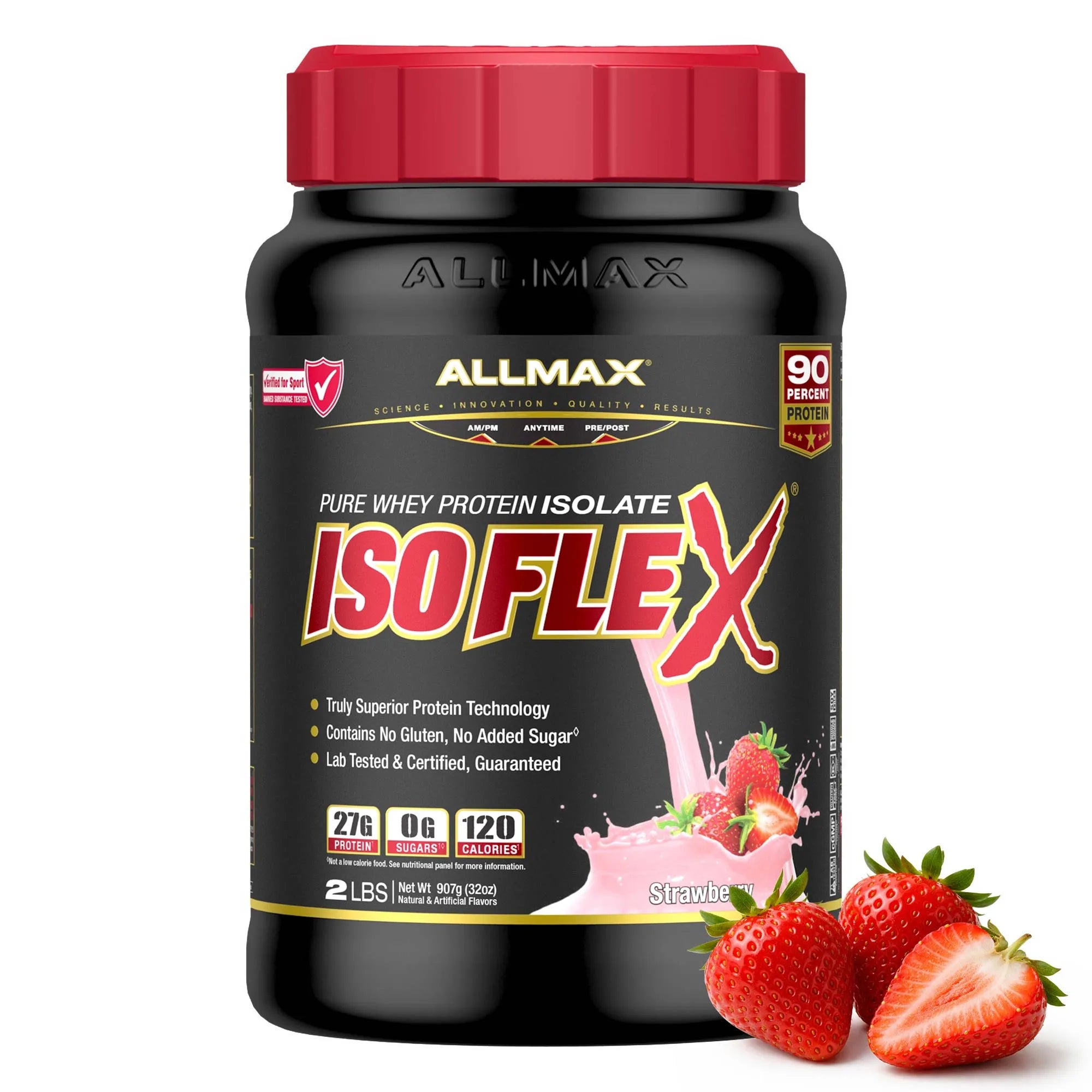 A black tub of Allmax IsoFlex Pure Whey Protein Isolate in strawberry flavor, featuring a red cap and a label with red and white text, shown alongside fresh strawberries on a white background.