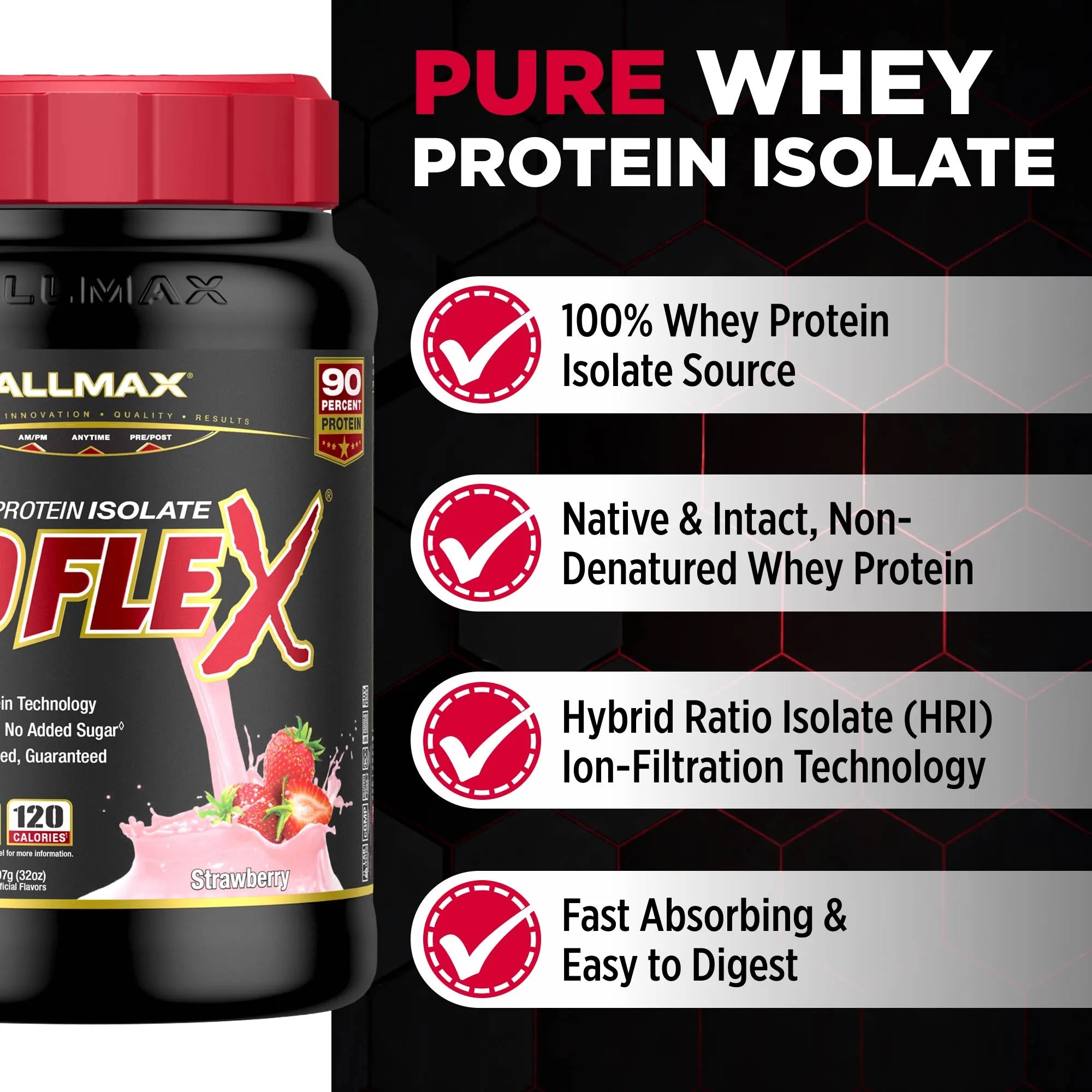 A tub of ISOFlex Protein Isolate Strawberry on the left, next to a black promotional panel with white and red text highlighting product benefits such as 100% whey protein isolate source, native and intact protein, hybrid ratio isolate technology, and fast absorbing, easy to digest formula.
