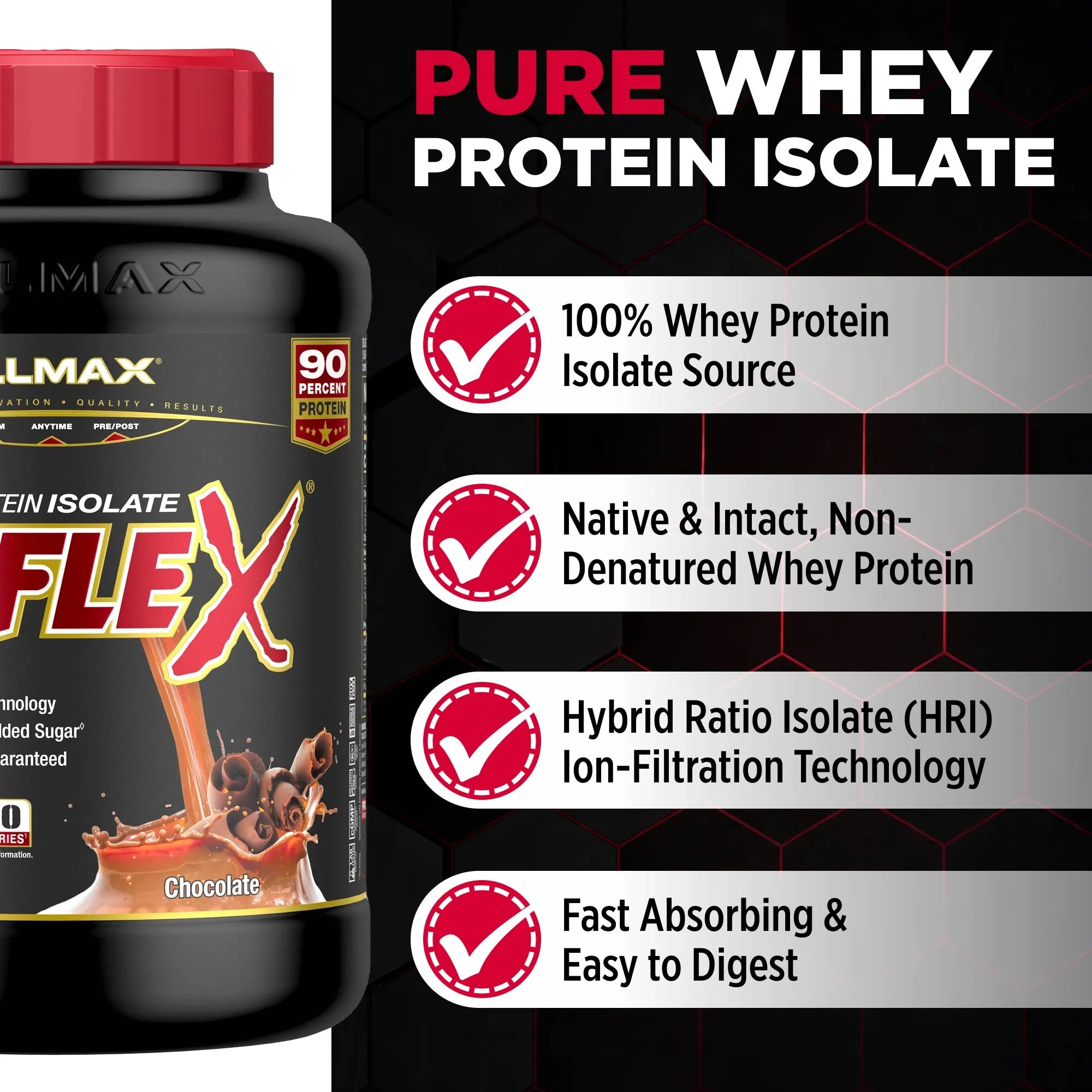 ISOFlex protein supplement bottle with certification badges on a black background