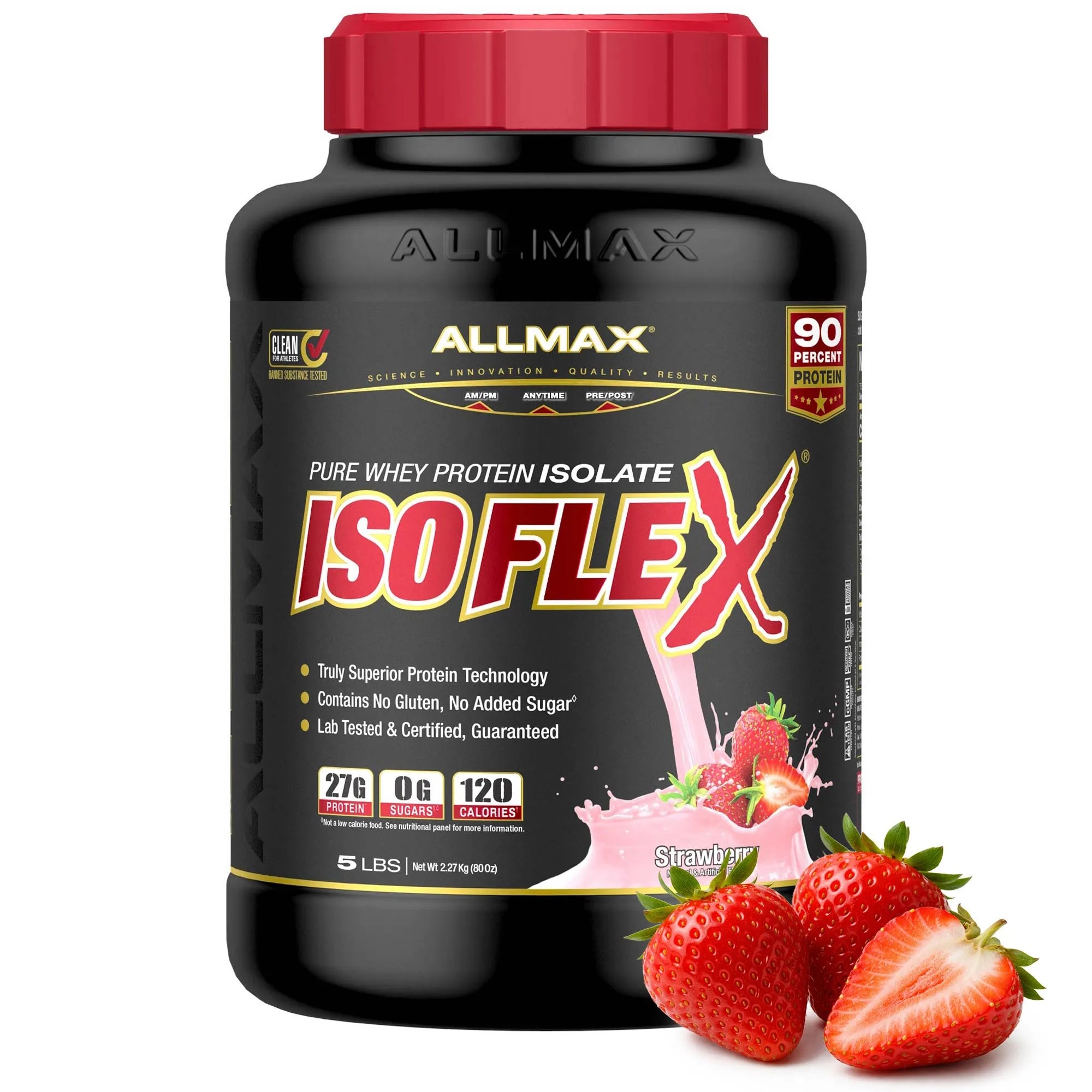 A 5 lb tub of Allmax IsoFlex Pure Whey Protein Isolate in Strawberry flavor, featuring a black container with a red cap and a label with red and white lettering, accompanied by fresh strawberries on a white background.