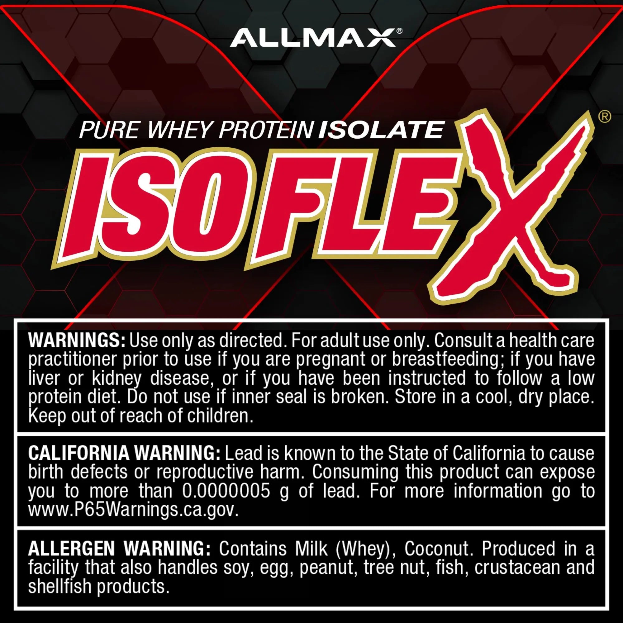 Allmax ISOFLEX Pure Whey Protein Isolate label with warnings on a black background