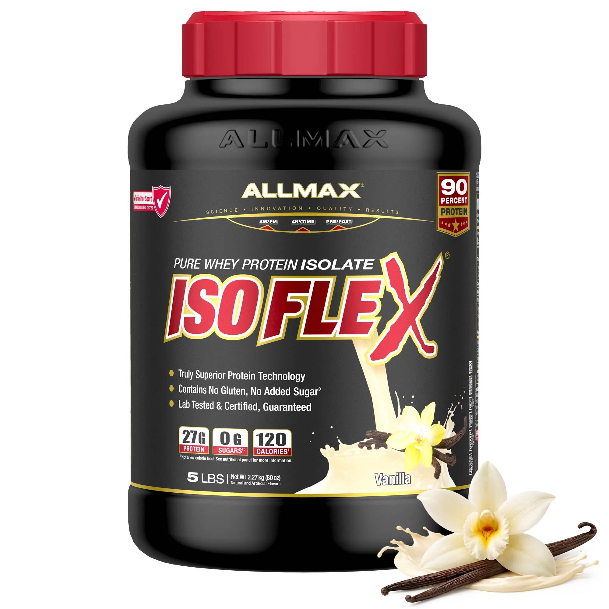 A 5 lb tub of Allmax IsoFlex Pure Whey Protein Isolate in Vanilla flavor, featuring a black container with a red cap and vanilla flower illustrations on the label.