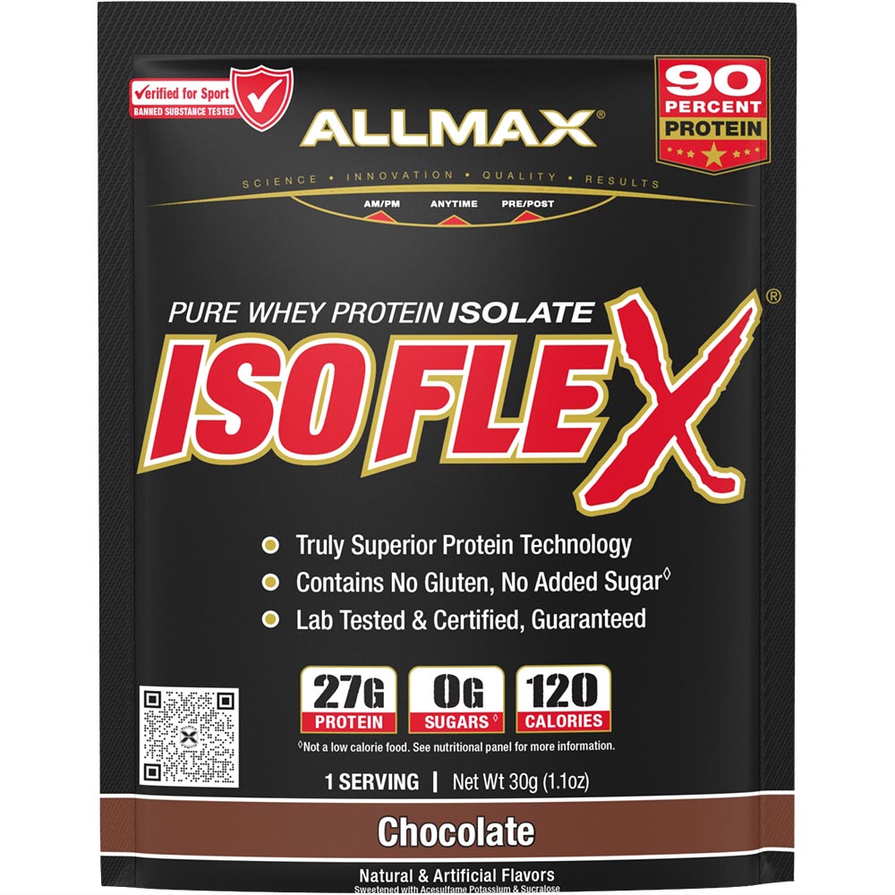 A bag of Allmax Isoflex Pure Whey Protein Isolate in Chocolate flavor. The packaging is predominantly black with a large red and white 'ISOFLEX' logo, featuring product details, nutritional facts, and a QR code.