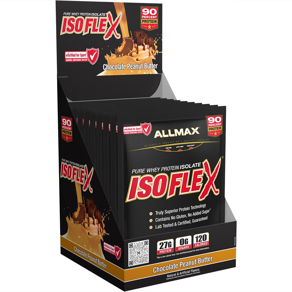 A retail display box of Allmax Isoflex Chocolate Peanut Butter protein powder, showing multiple individual sachets inside a black and brown cardboard counter display.