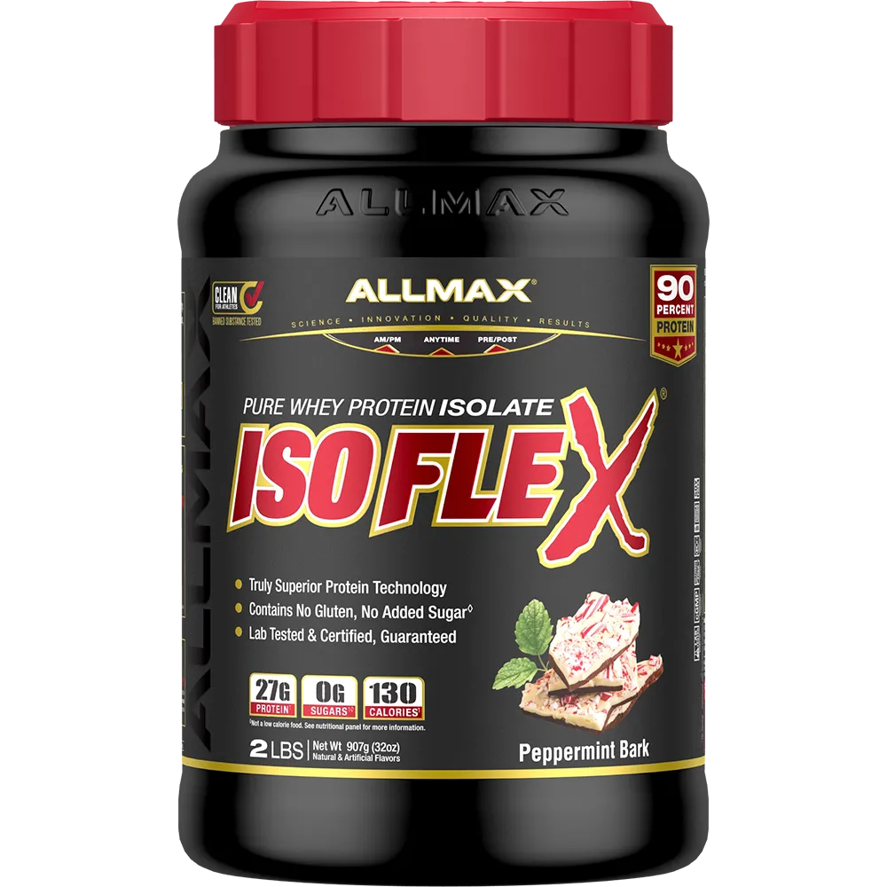 A 2 lb tub of Allmax Isoflex Pure Whey Protein Isolate in Peppermint Bark flavor, featuring a black container with a red cap and a detailed black label with red and gold text.