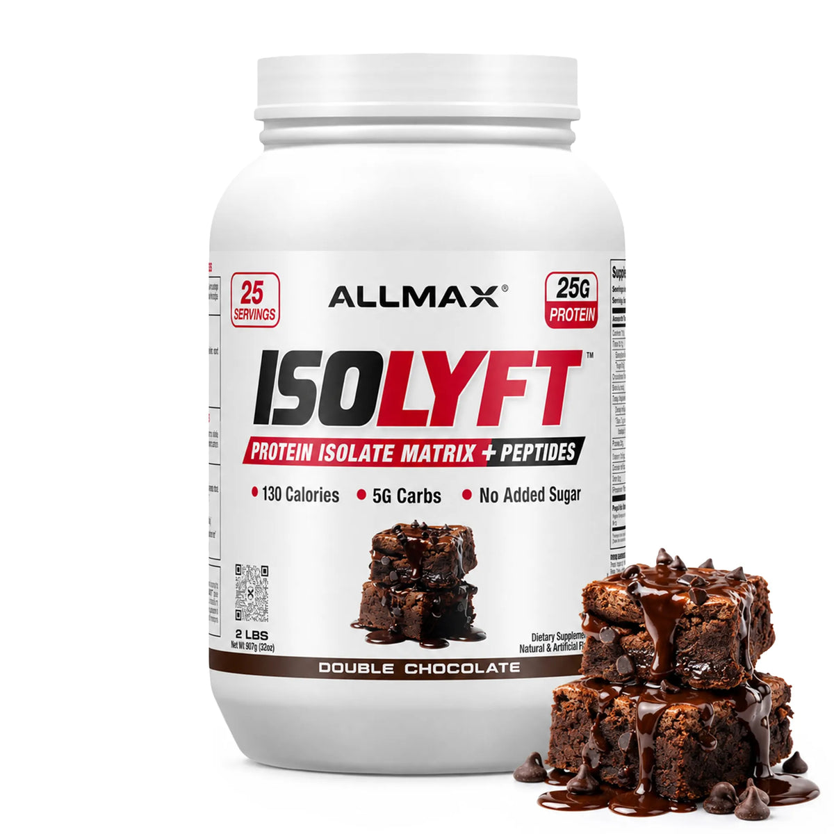 A white tub of Allmax IsoLyft protein isolate powder with a stack of chocolate brownies and chocolate drizzle in front, on a clean white background.