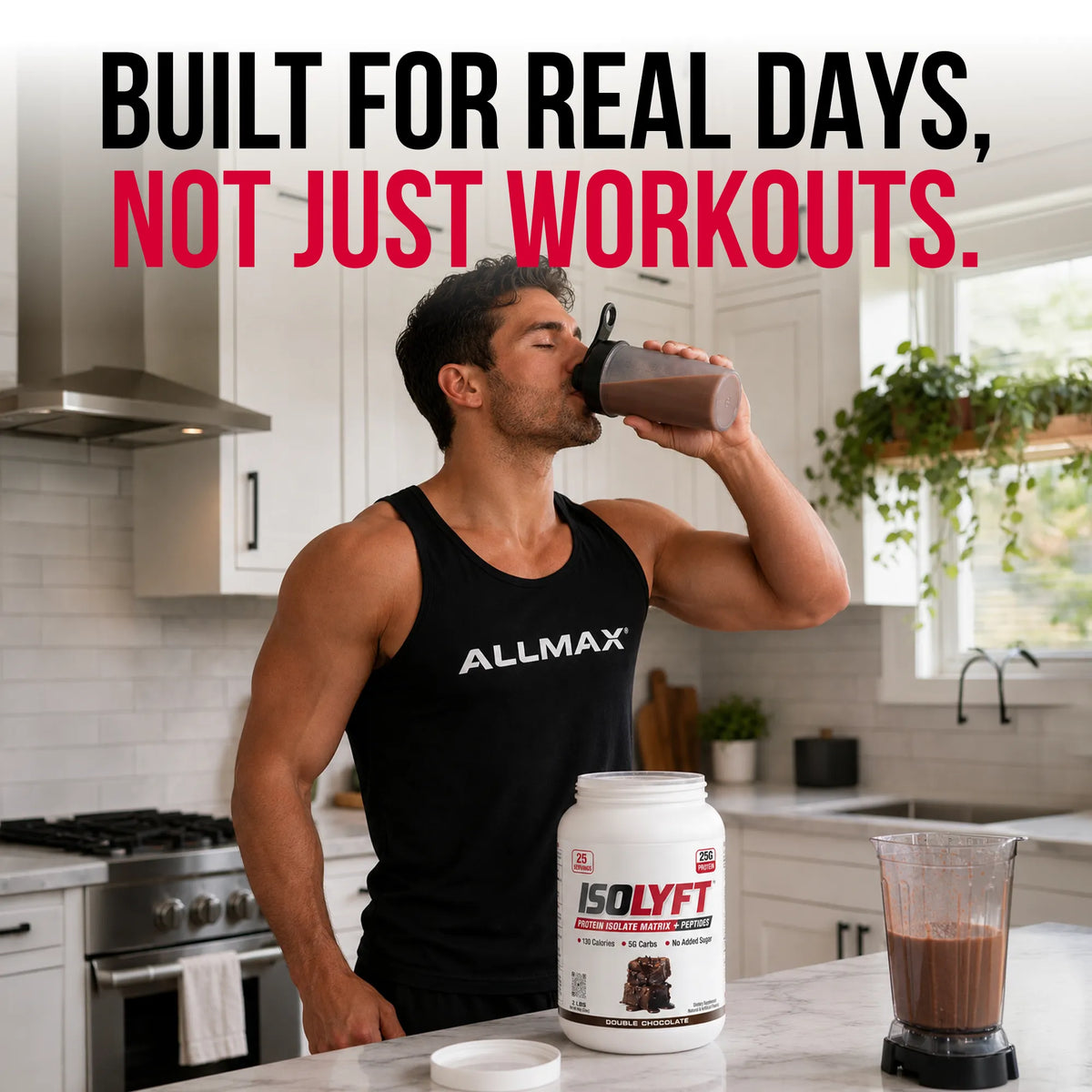 A muscular man in a kitchen drinking from a shaker bottle while wearing an Allmax tank top. In front of him is an open tub of Isolyft protein powder and a blender with a brown liquid.