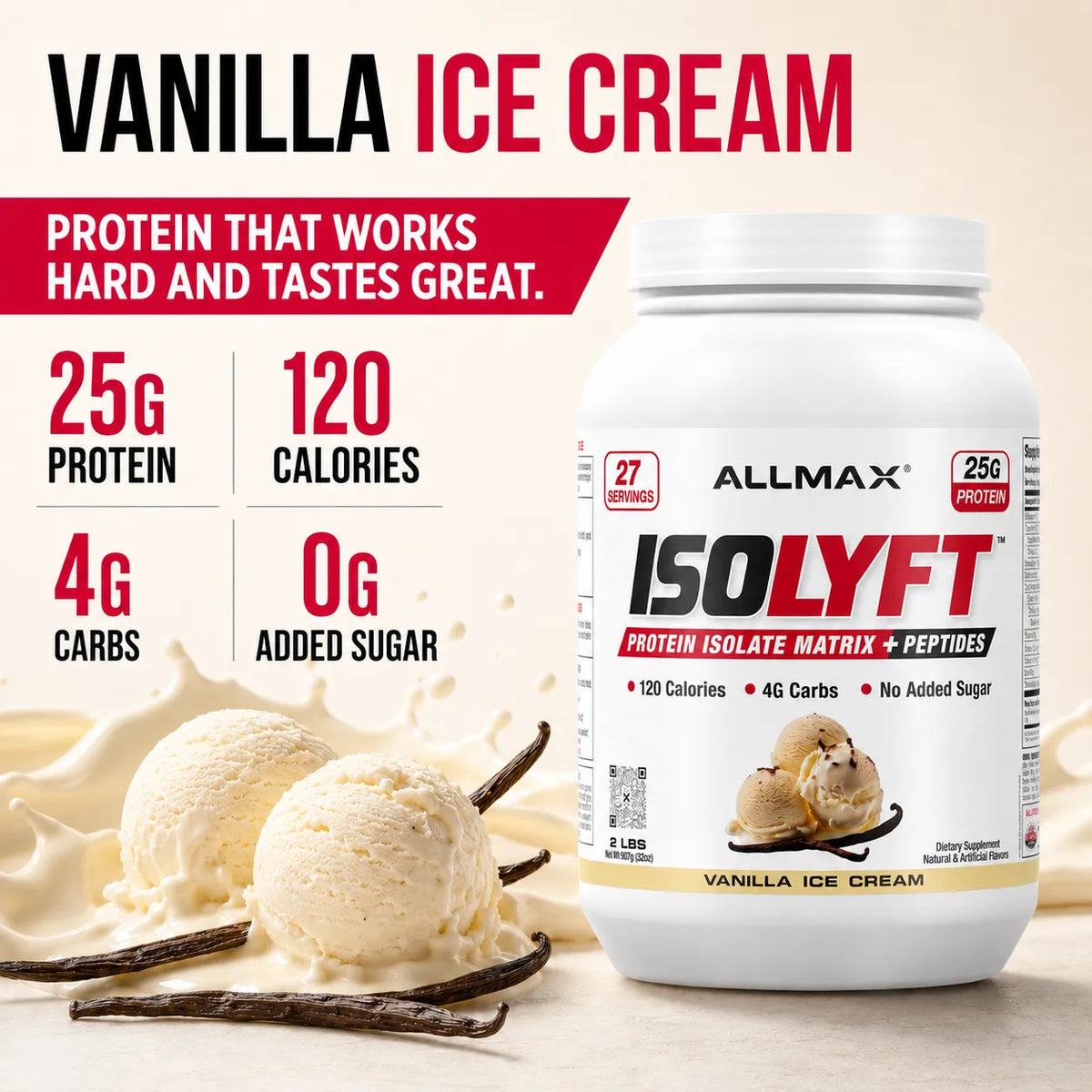 Allmax Isolyft Vanilla Ice Cream protein powder tub with vanilla ice cream scoops and vanilla beans on a light beige background, featuring product benefits text.