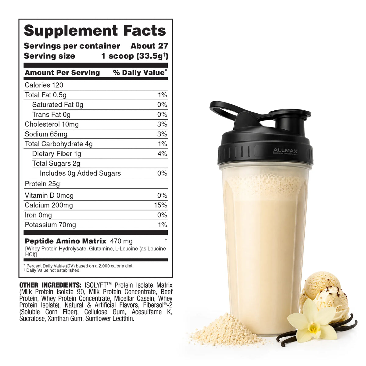 A supplement facts panel shown next to a frothy beige protein shake with vanilla beans and cocoa powder, labeled All-In-One Protein. The left side displays a detailed supplement facts label, while the right side shows the prepared drink with ingredients.