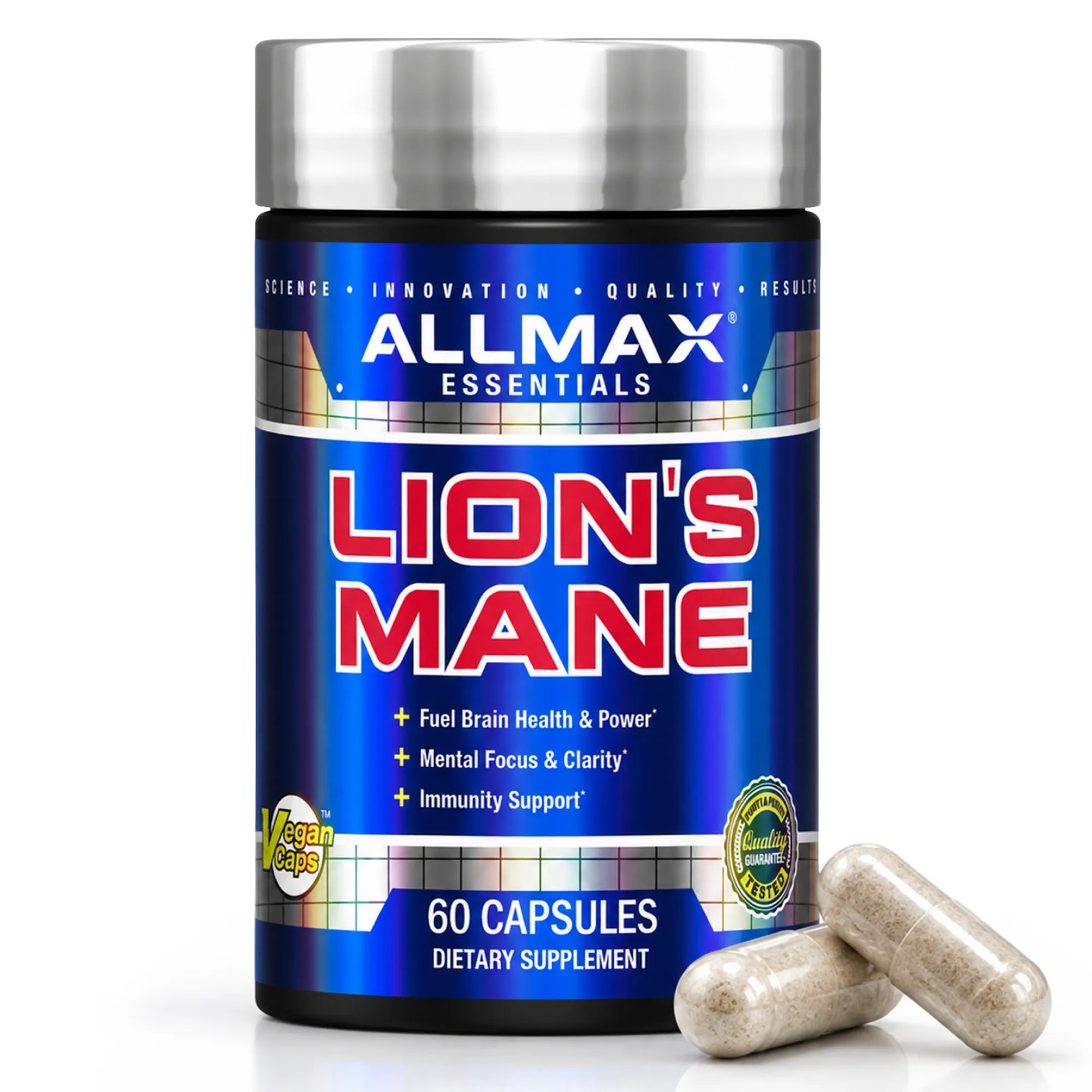A bottle of Allmax Essentials Lion's Mane dietary supplement with two capsules placed in front on a white background.