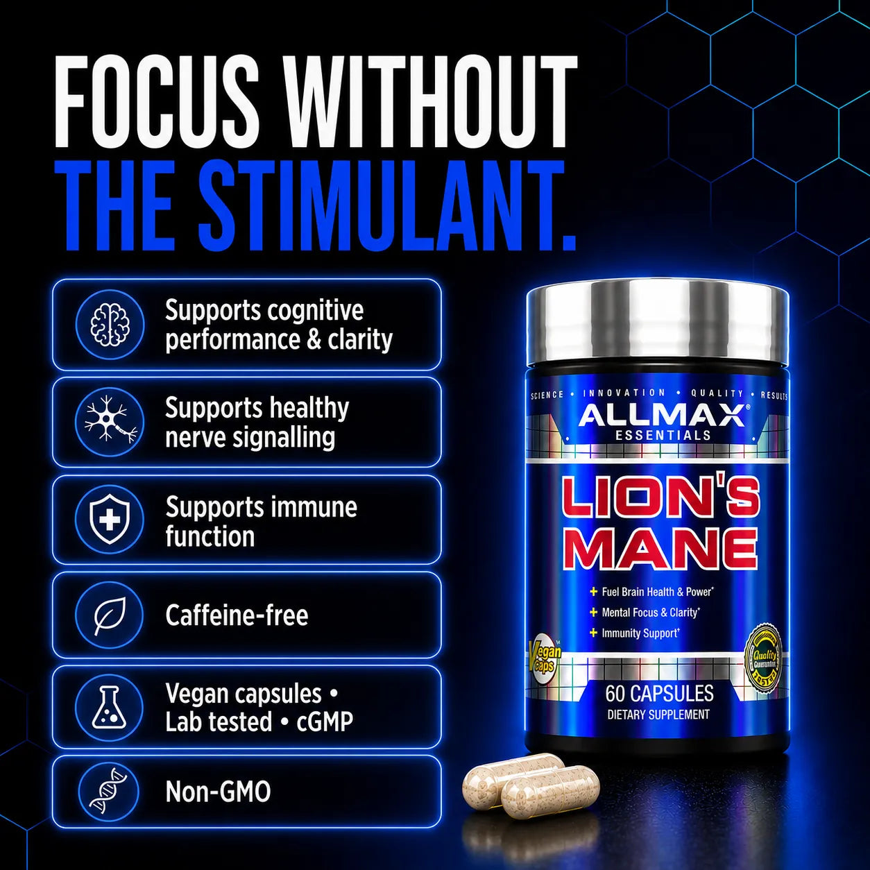 A bottle of Lion's Mane dietary supplement by Allmax Essentials, shown alongside two capsules on a dark blue background with promotional text and feature callouts.
