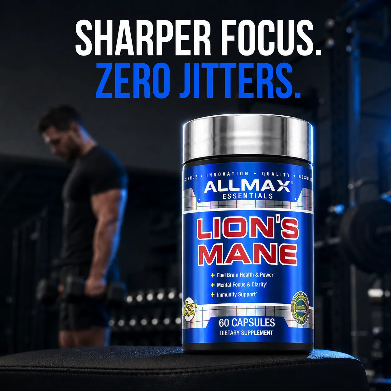 A bottle of Allmax Essentials Lion's Mane dietary supplement is shown in the foreground on a gym bench, with a blurred man working out in the background. Large text at the top reads 'SHARPER FOCUS.