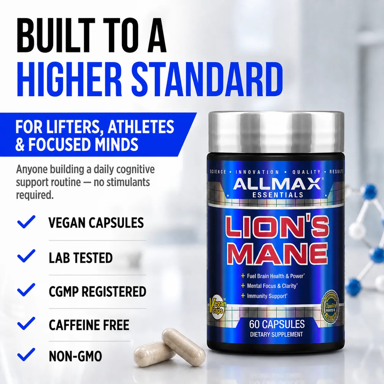 A bottle of Allmax Essentials Lion's Mane dietary supplement shown on a clean white and blue promotional background, with two capsules in front and marketing text on the left.