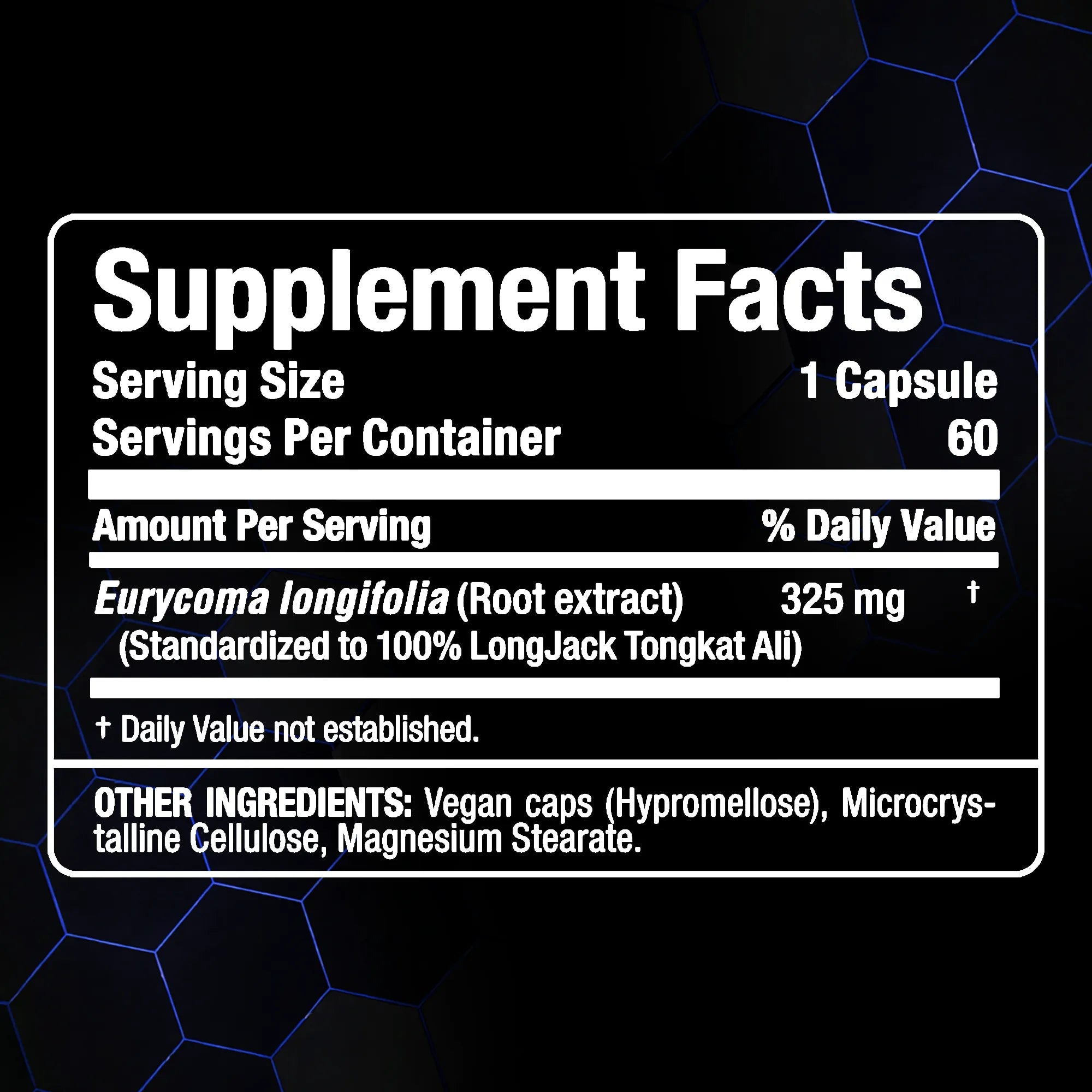 A black supplement facts label with white text showing serving size 1 capsule, 60 servings per container, Eurycoma longifolia root extract 325 mg, and other ingredients listed at the bottom, set against a dark background with faint blue hexagonal lines.