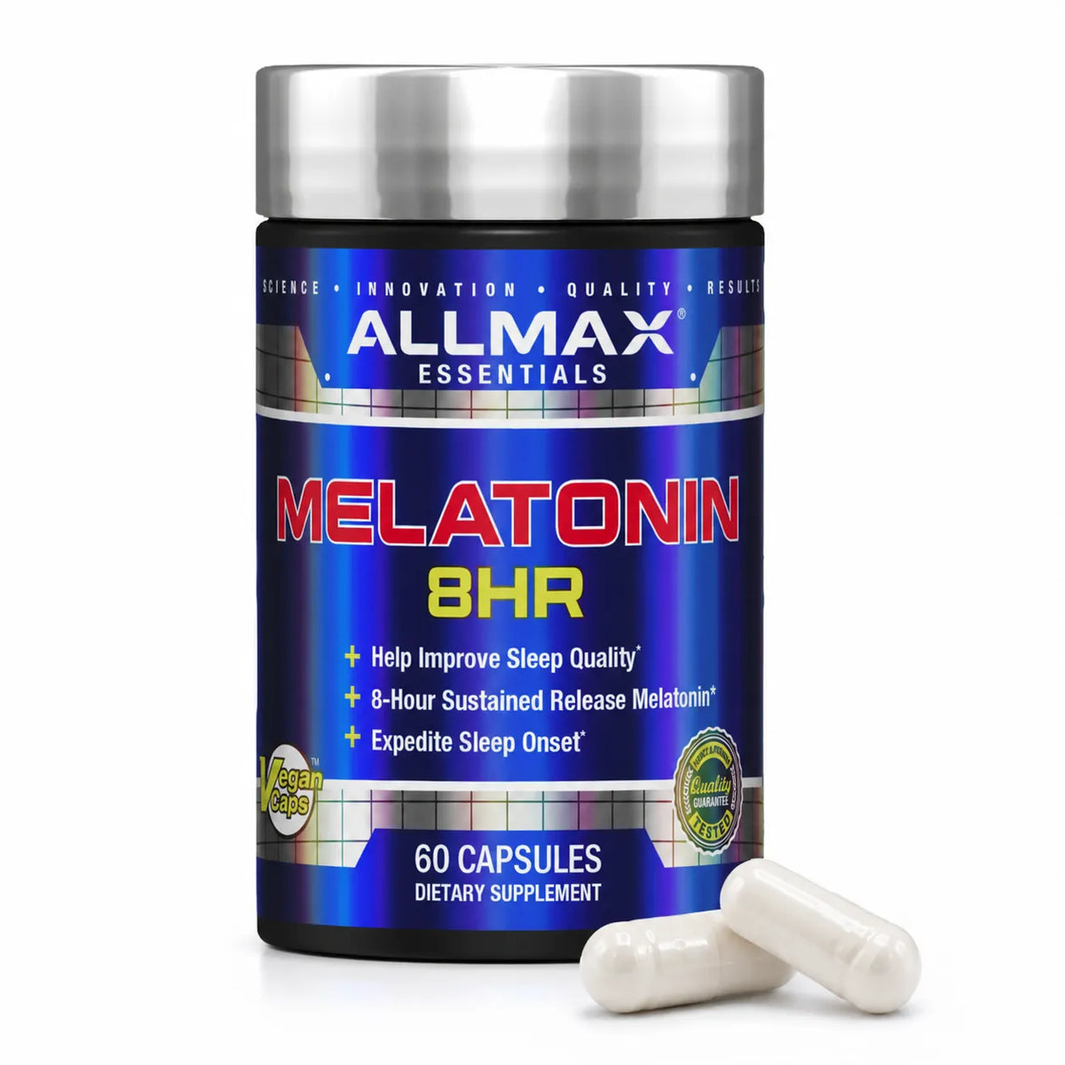 A bottle of All Max Essentials Melatonin 8HR dietary supplement capsules, shown with two white capsules in the foreground on a white background.