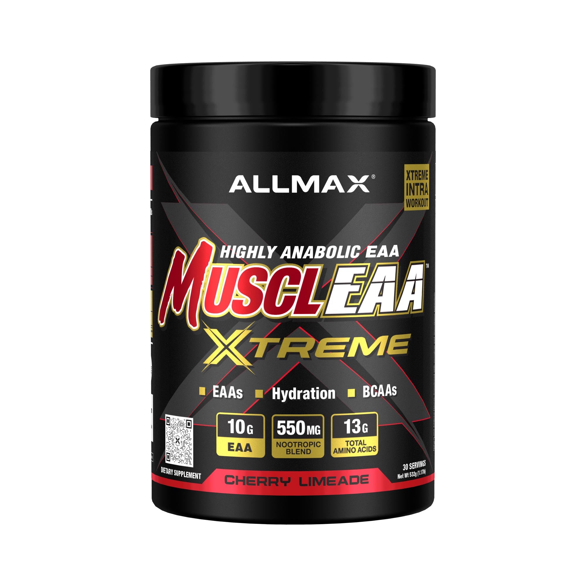A black plastic tub of ALLMAX MuscleAa Xtreme highly anabolic EAA supplement in Cherry Limeade flavor, shown on a plain white background.