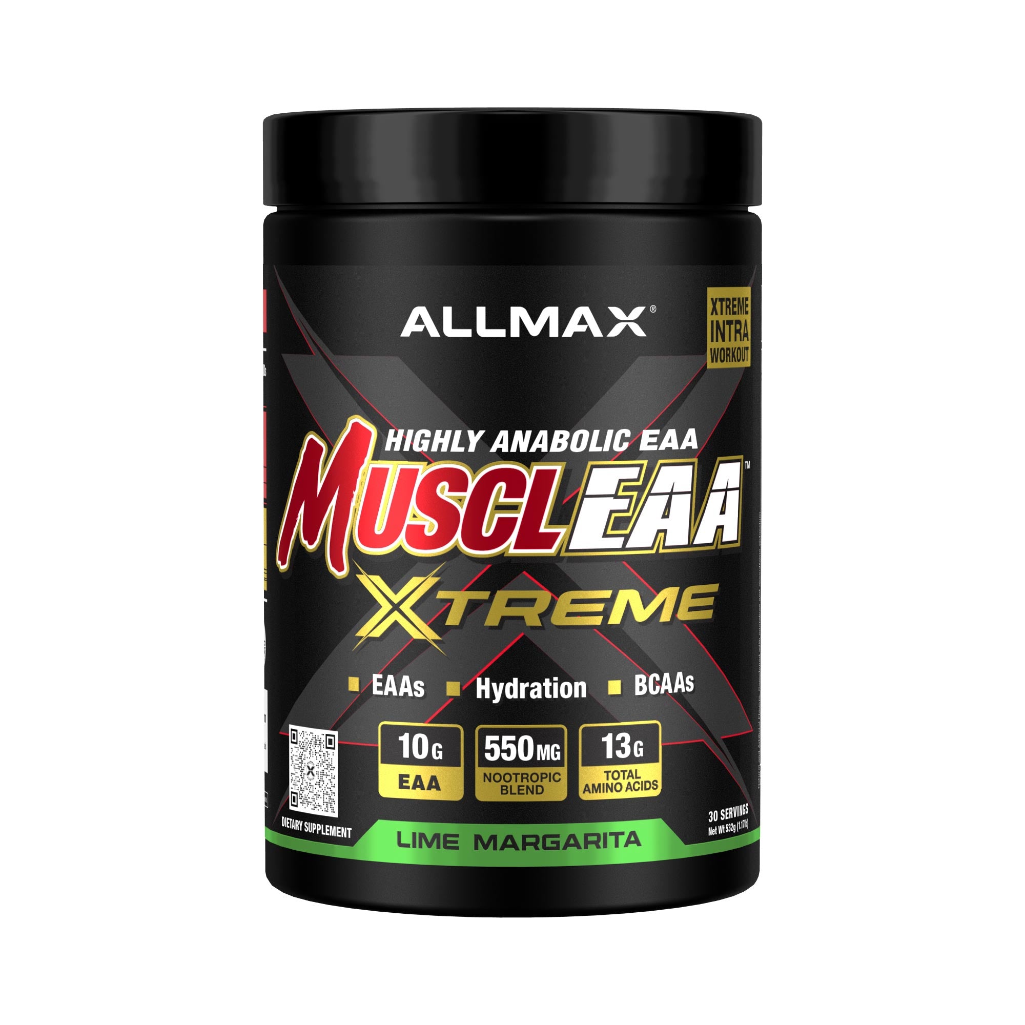 A black plastic tub of ALLMAX MuscleEAA Xtreme dietary supplement powder, featuring a black label with red, white, and gold text, and lime green accents at the bottom, on a solid white background.