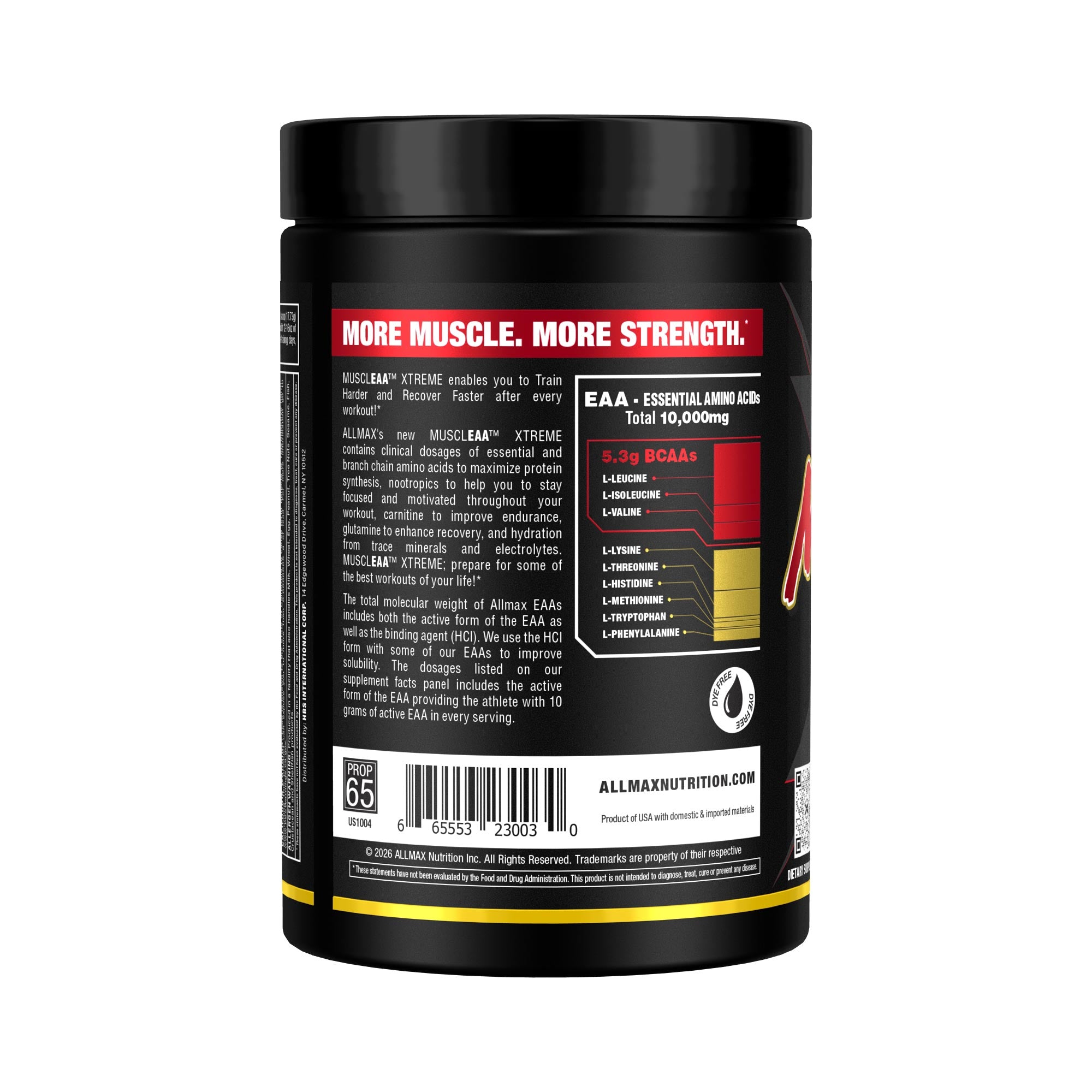 Back view of a black Allmax Nutritionals supplement tub with a red label and white text, showing ingredients and barcode details on a white background.