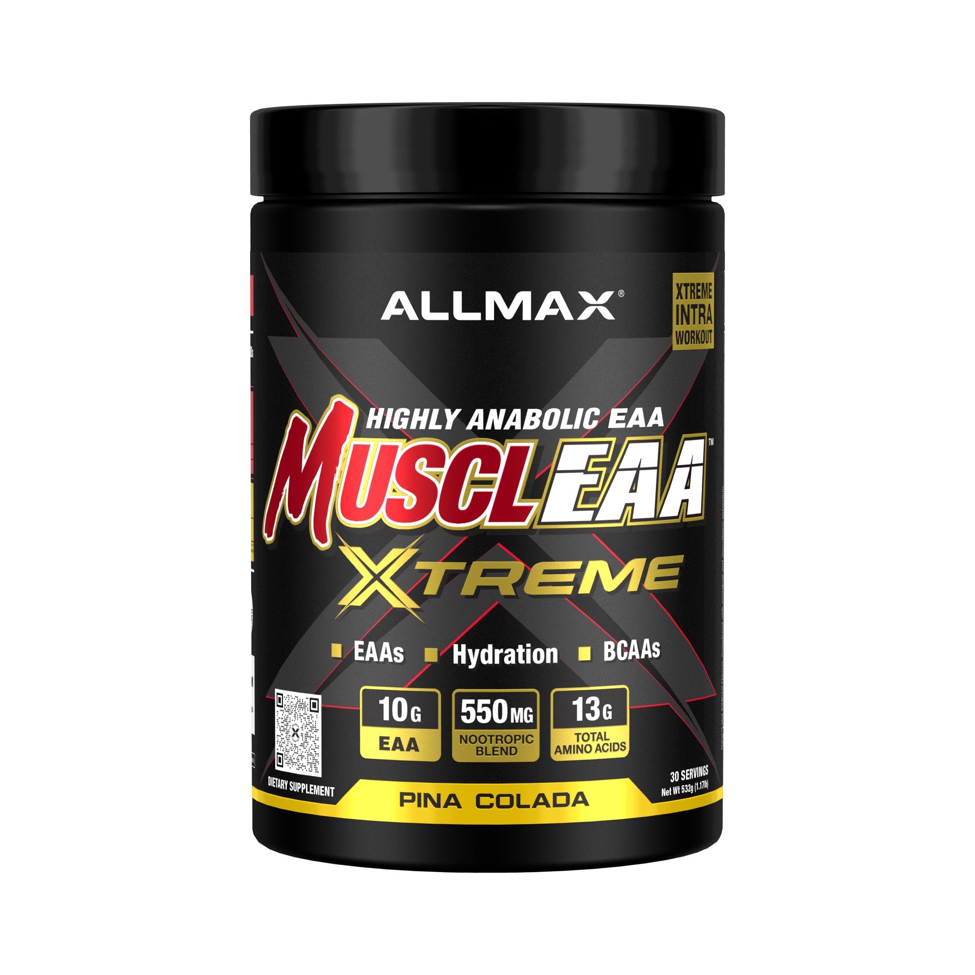 A black plastic tub of ALLMAX MuscleAA Xtreme highly anabolic EAA supplement powder in Pina Colada flavor, shown against a plain white background.