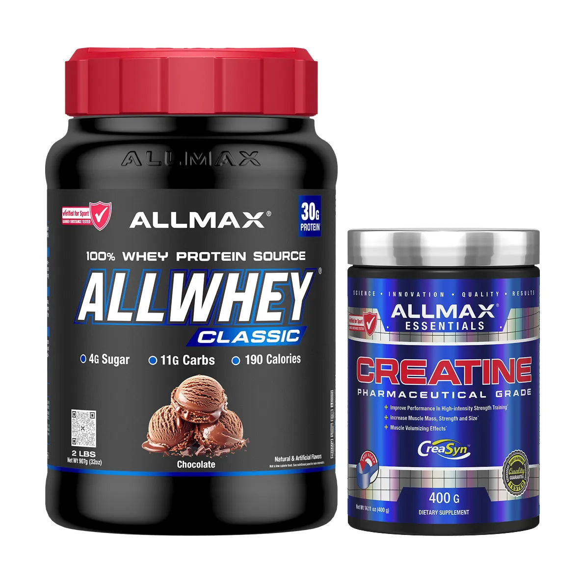 A black tub of ALLMAX ALLWHEY CLASSIC next to a blue bottle of ALLMAX Essentials Creatine Monohydrate Powder, displayed on a clean white background.