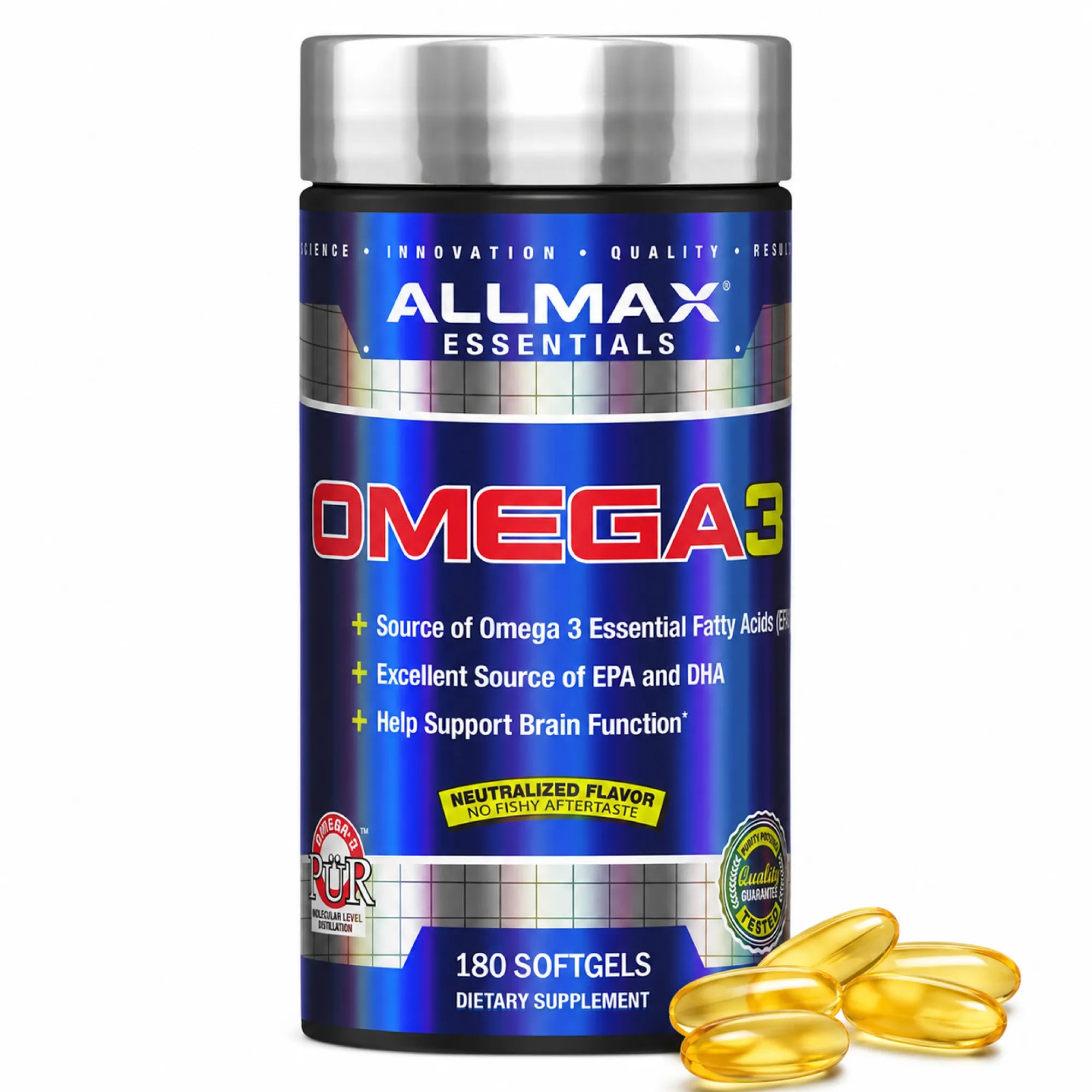 A bottle of AllMax Essentials Omega 3 dietary supplement with a metallic silver cap and a blue label, shown alongside several golden softgel capsules on a plain white background.