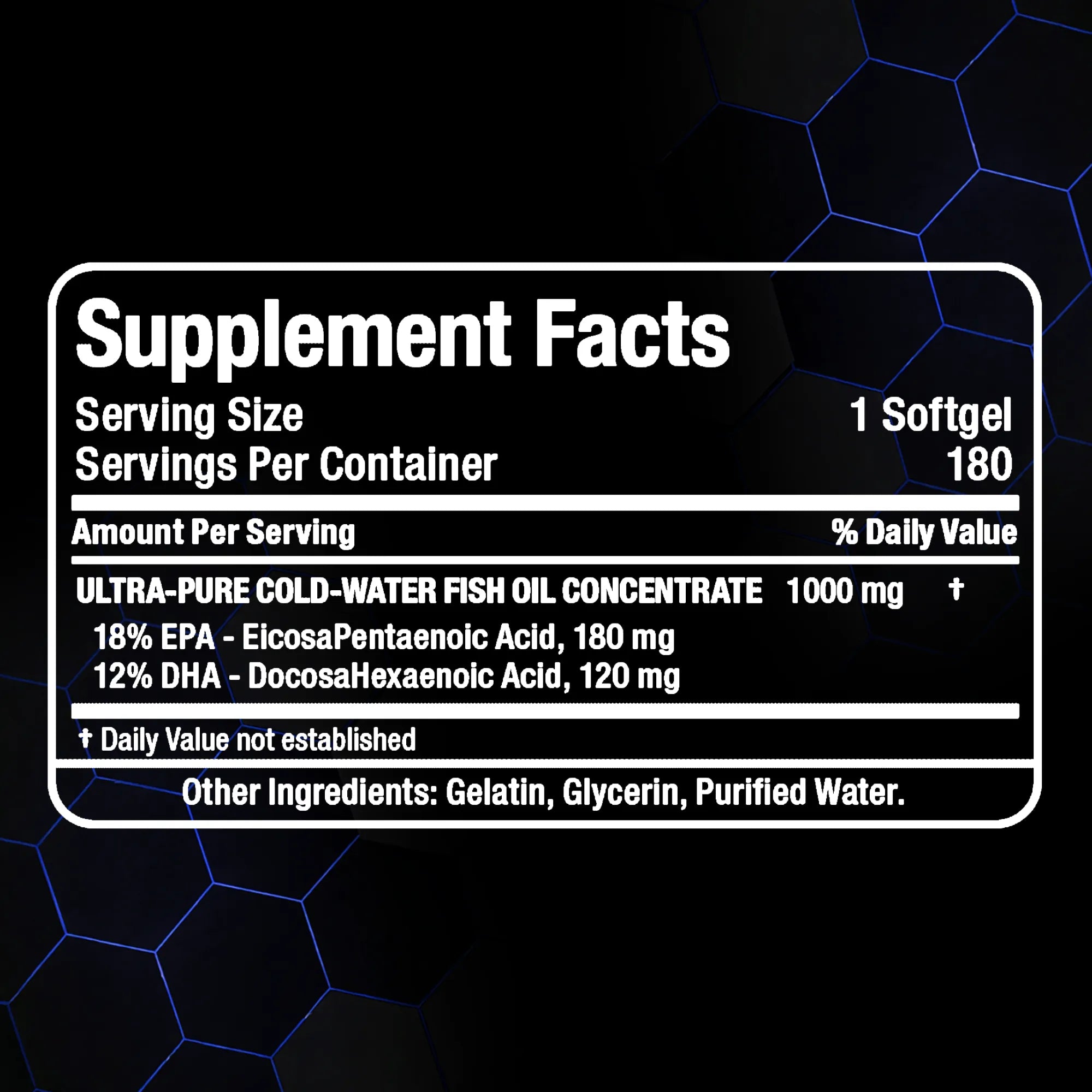 A black supplement facts label with white text reading 'Supplement Facts' and details for ultra-pure cold-water fish oil concentrate, shown on a dark background with blue hexagonal lines.