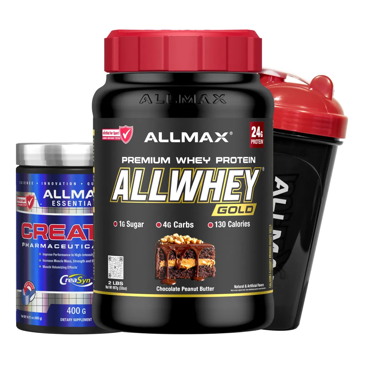Two Allmax branded supplement products and a shaker bottle on a plain white background: a blue tub labeled Creatine, a black tub labeled ALLWHEY GOLD, and a black shaker bottle with a red lid.