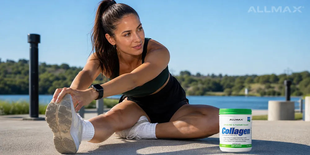 a woman stretching beside her ALLMAX Collagen Peptides and Vitamins