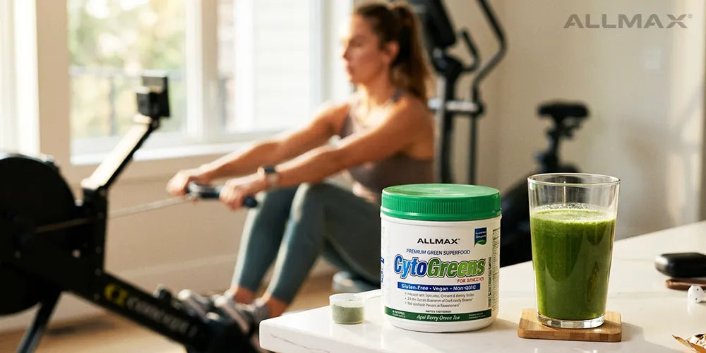 a woman on a row machine with  ALLMAX Cytogreens