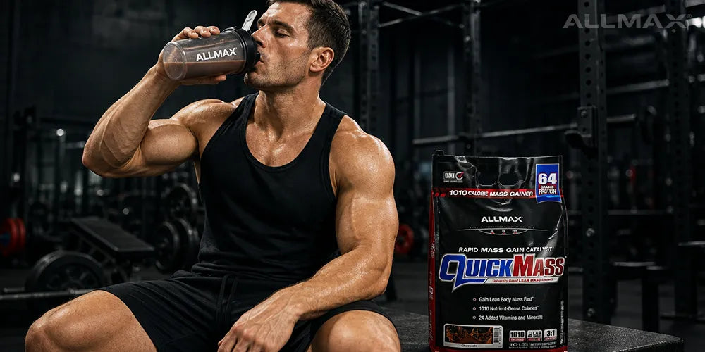 a man drinking allmax quickmass