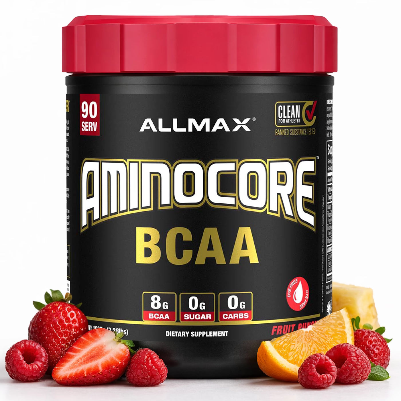 Allmax Aminocore BCAA supplement container with fruits on a white background