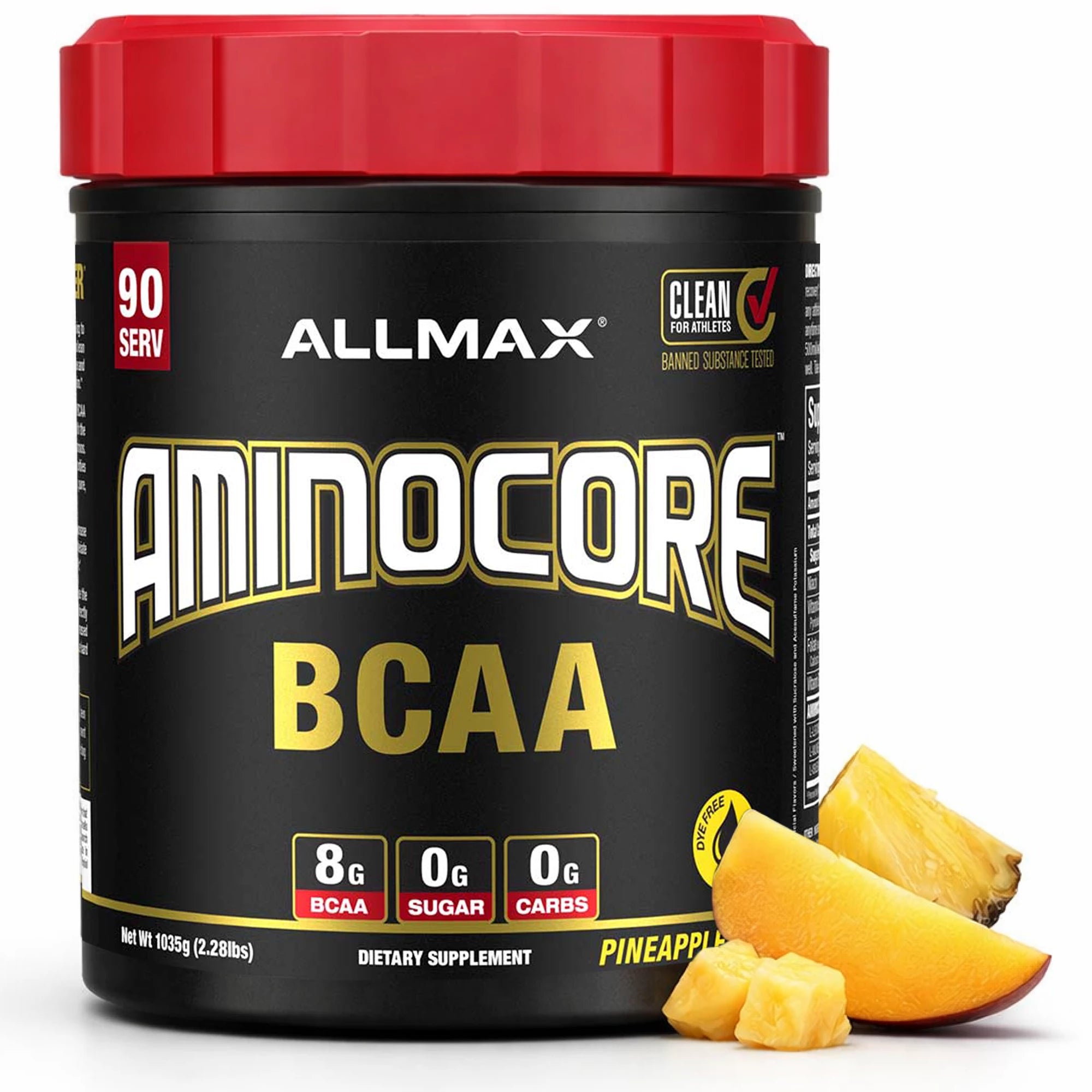 Allmax Aminocore BCAA supplement container with pineapple pieces on a white background