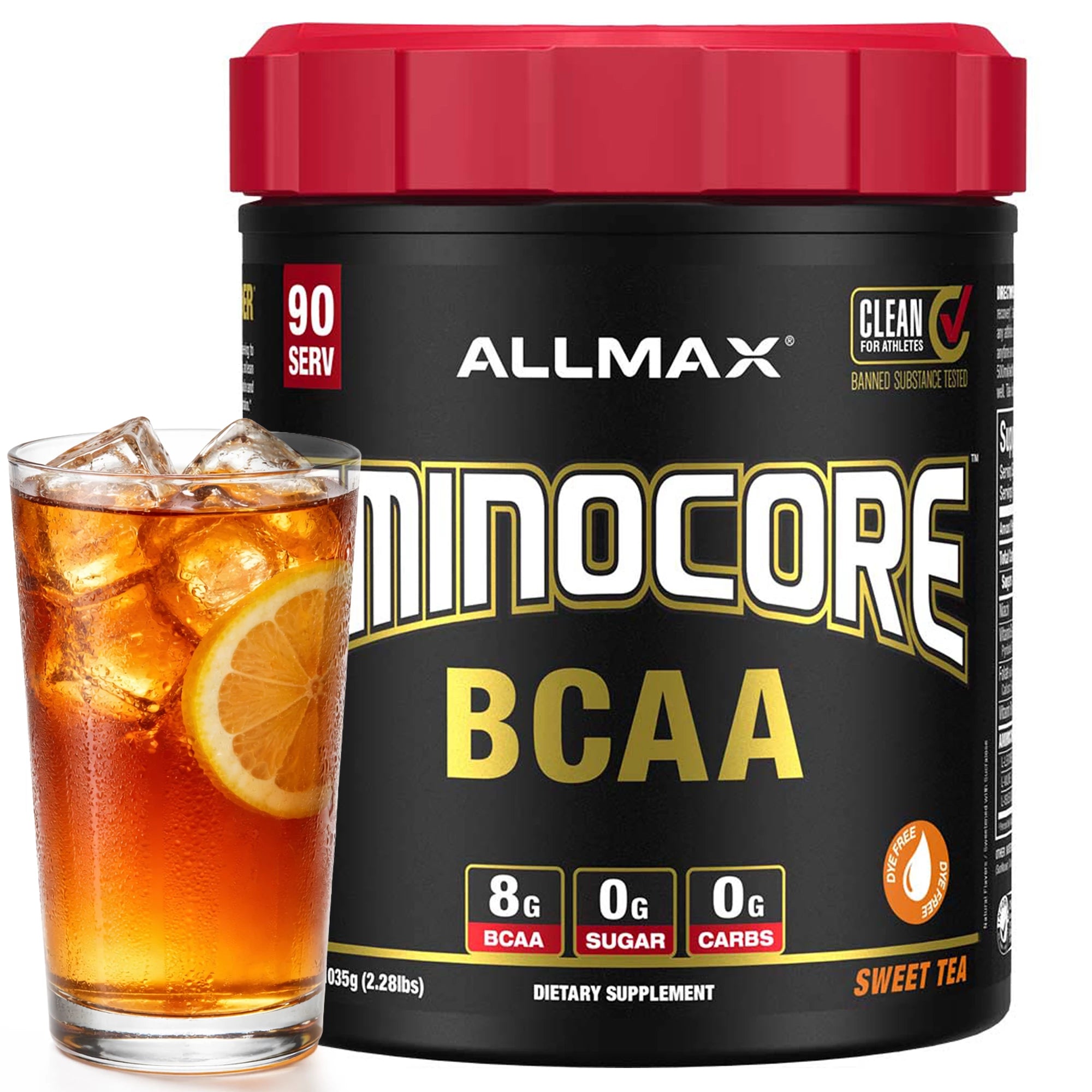 Allmax Minocore BCAA supplement container with a glass of iced tea on a white background