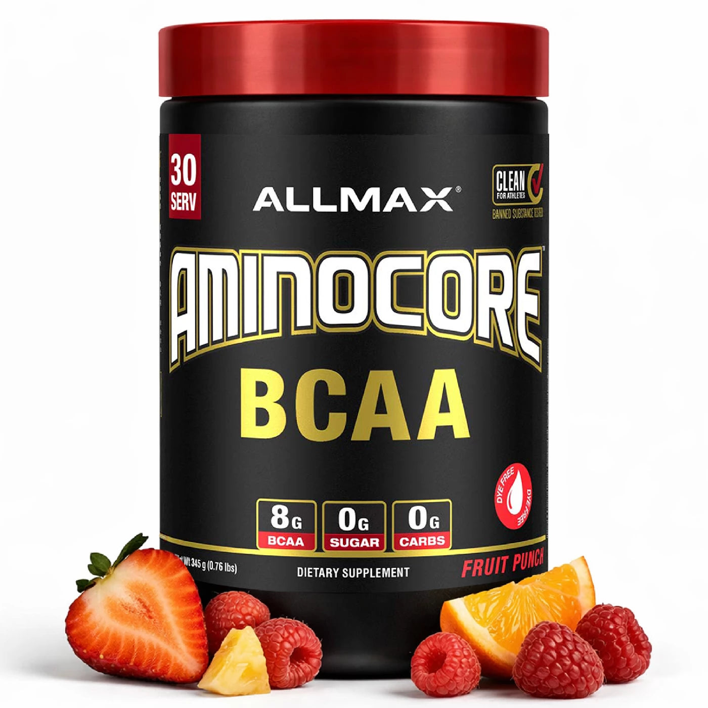 Allmax Aminocore BCAA supplement container with fruit on a white background