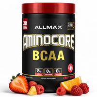 Allmax Aminocore BCAA supplement container with fruit on a white background