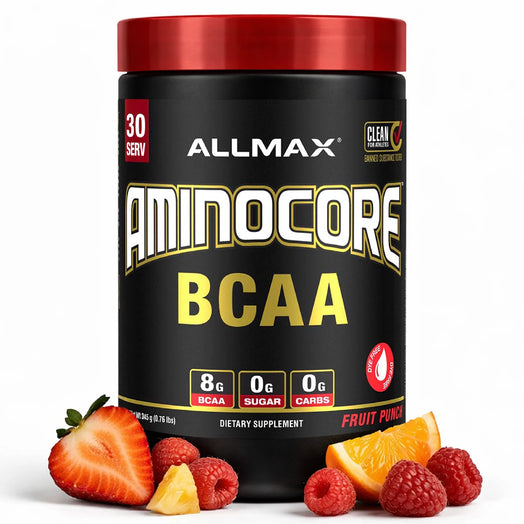 Allmax Aminocore BCAA supplement container with fruit on a white background