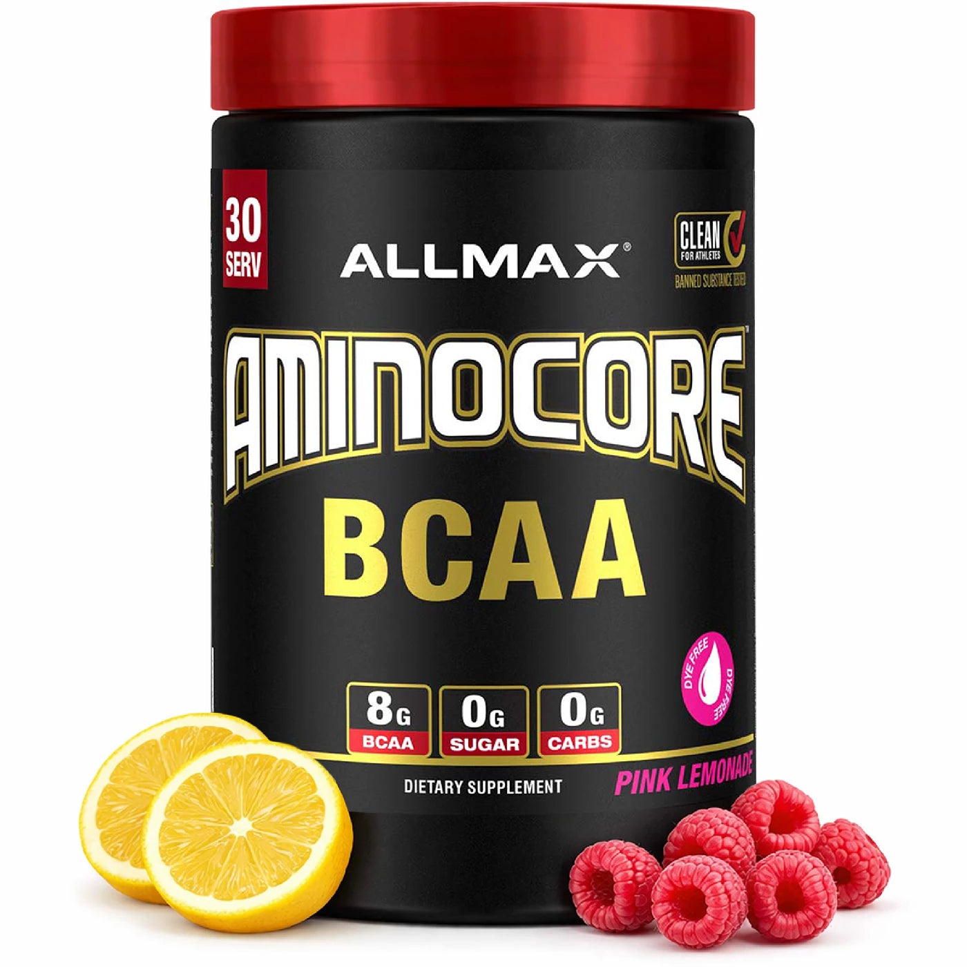 Allmax Aminocore BCAA supplement container with lemon and raspberry on a white background