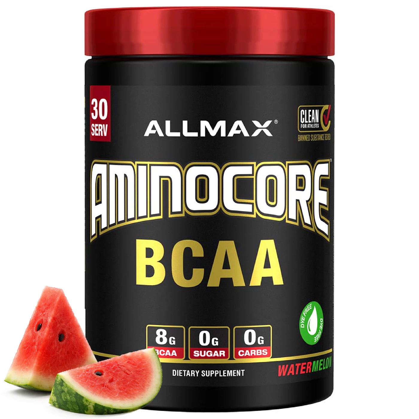 Allmax Aminocore BCAA supplement container with watermelon slices on a white background