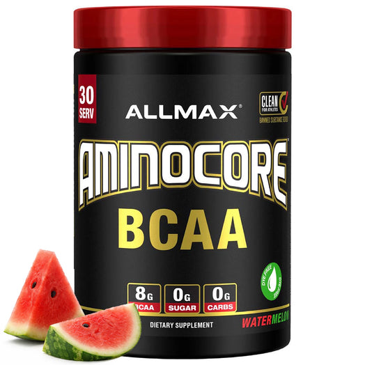 Allmax Aminocore BCAA supplement container with watermelon slices on a white background