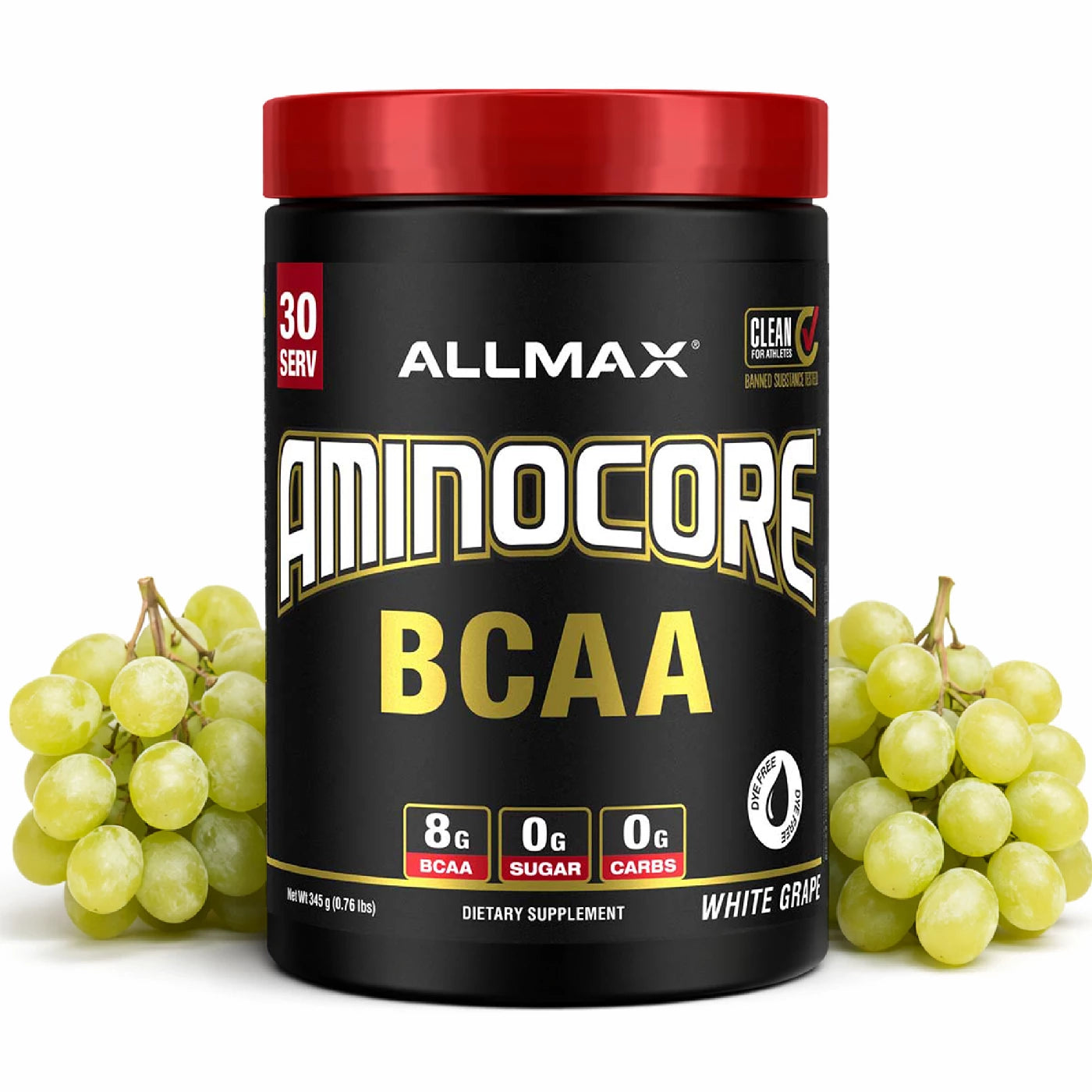 Allmax Aminocore BCAA supplement container with white grapes on a white background