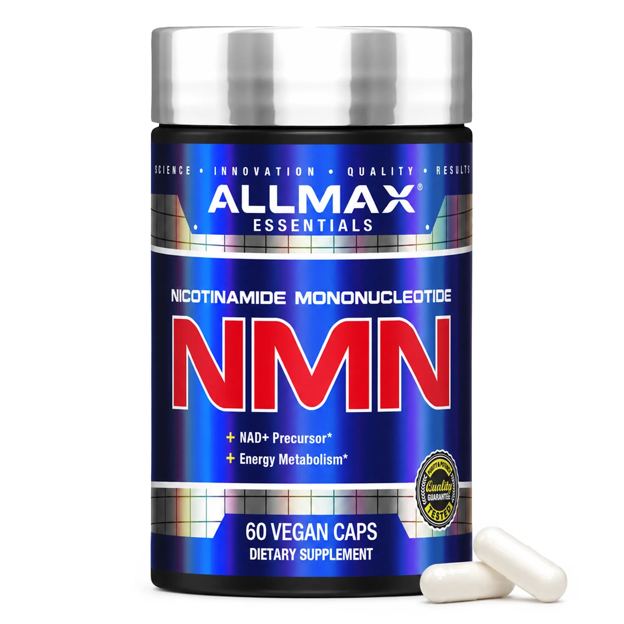 A bottle of Allmax Essentials NMN dietary supplement with two white capsules in the foreground, on a white background.