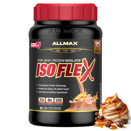 A black tub of Allmax IsoFlex Pure Whey Protein Isolate in Caramel Macchiato flavor, featuring a red cap and a graphic of caramel swirls and coffee beans on the front label.