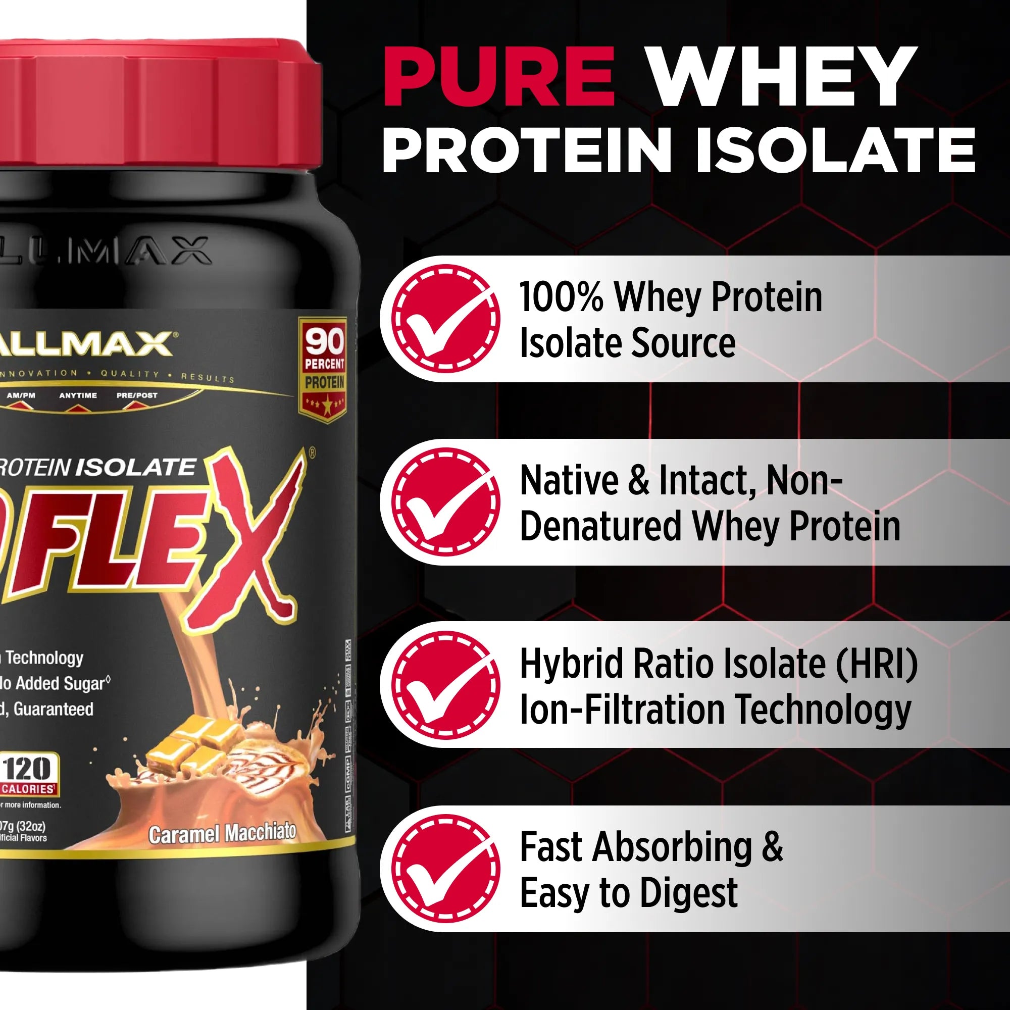 AllMax Protein Flex container with certification icons on a black background