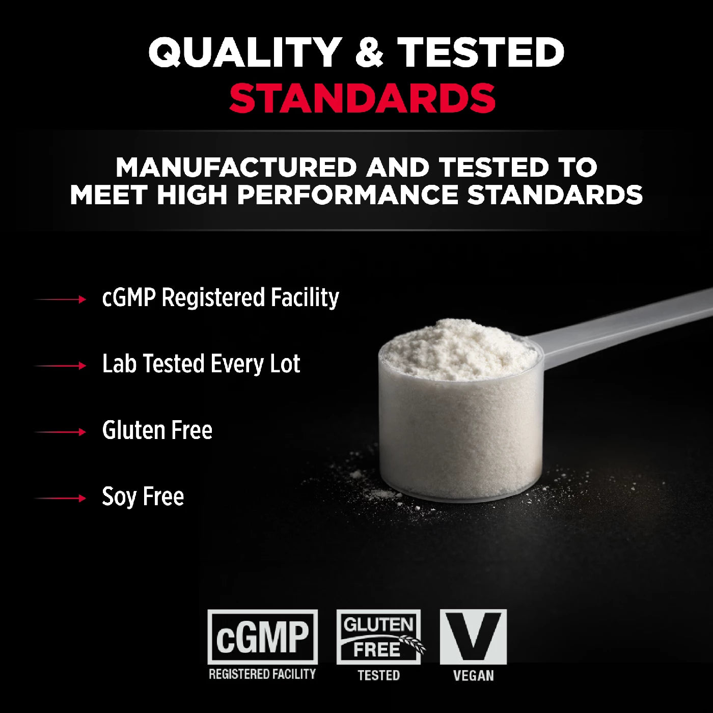 Protein powder scoop with certification logos on a black background