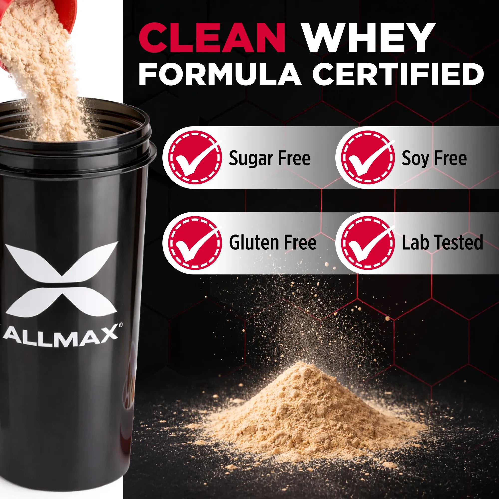 Allmax whey protein powder being poured into a container with certification badges on a black background.