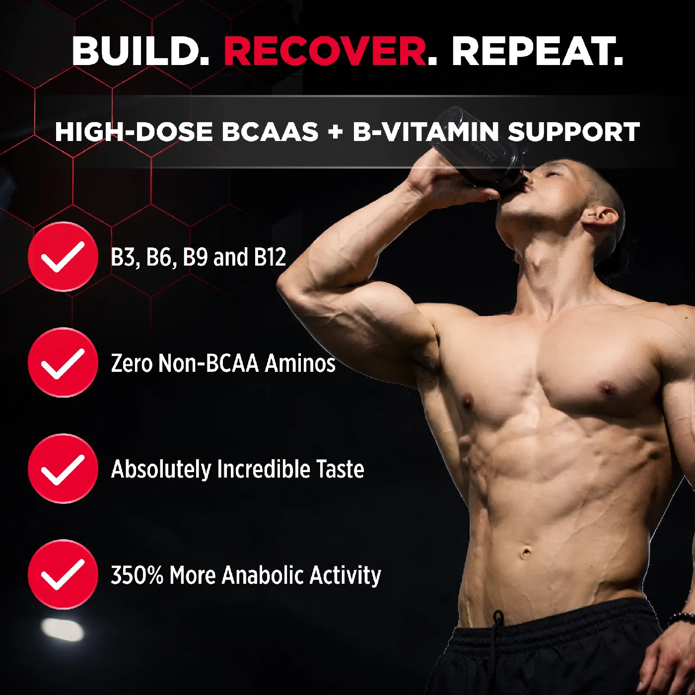 Man drinking from a bottle with text about high-dose BCAAs and B-vitamin support on a black background.
