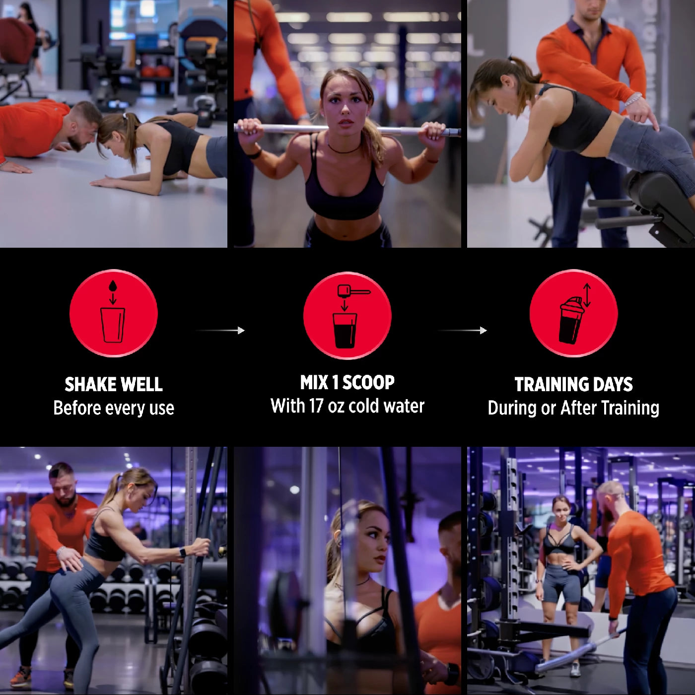 Collage of people exercising in a gym with product usage instructions overlayed.