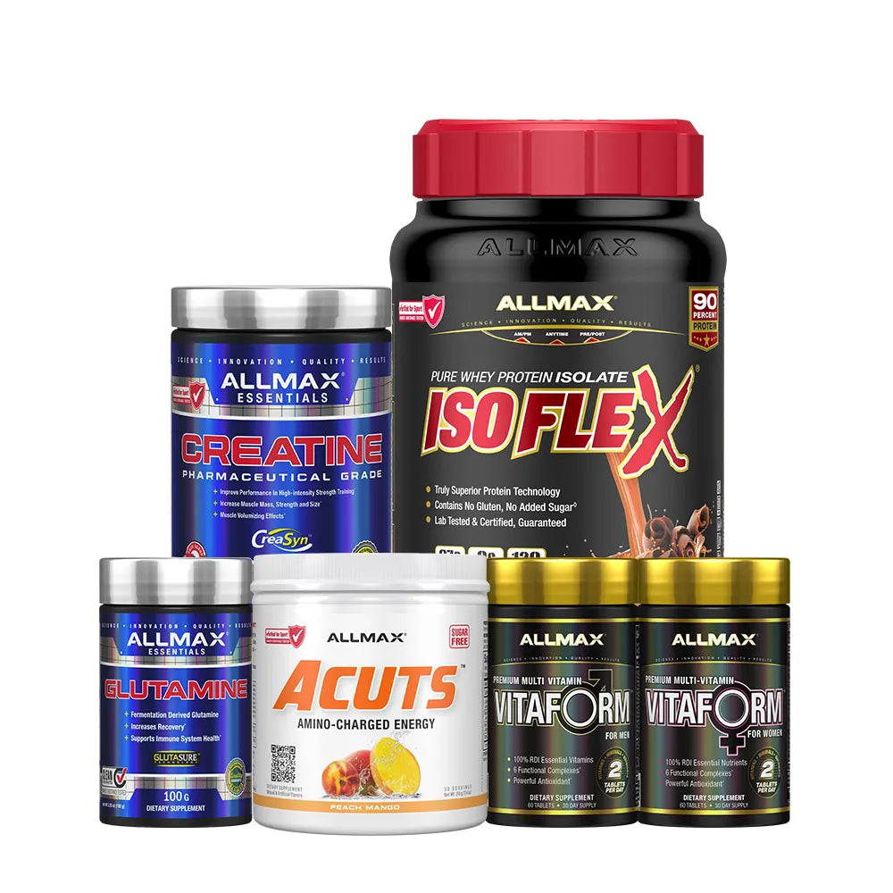 A group of six Allmax branded supplement containers arranged on a plain white background, including Creatine, Isoflex, Glutamine, Acuts, Vitaform, and Vitaform+ containers.