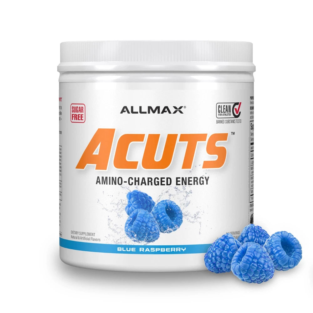 Allmax ACUTS amino-charged energy supplement with blue raspberry flavor on a white background